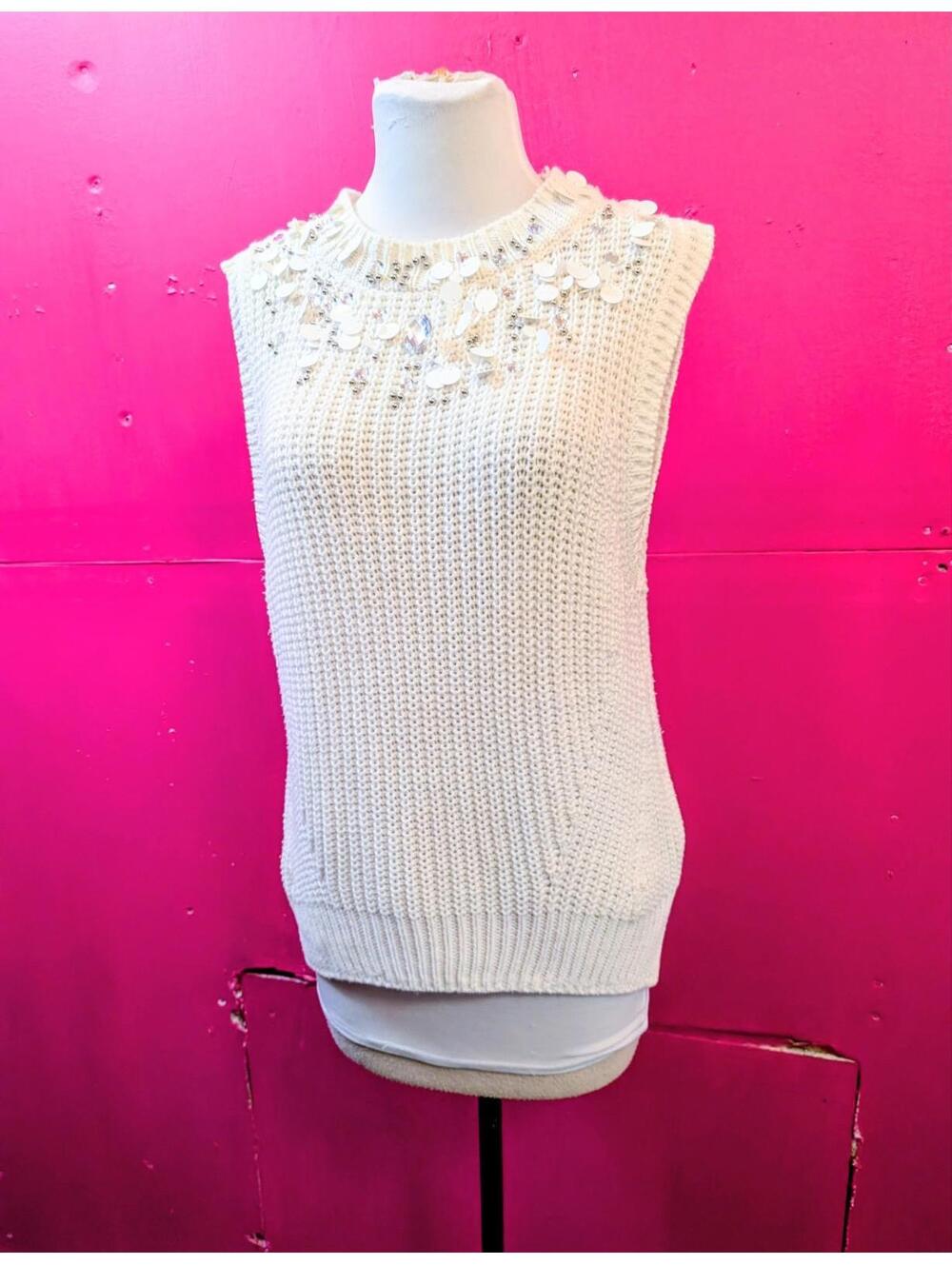 Off White Beaded Sequin Rhinestone Chunky Oversized Knit Sleeveless Sweater M